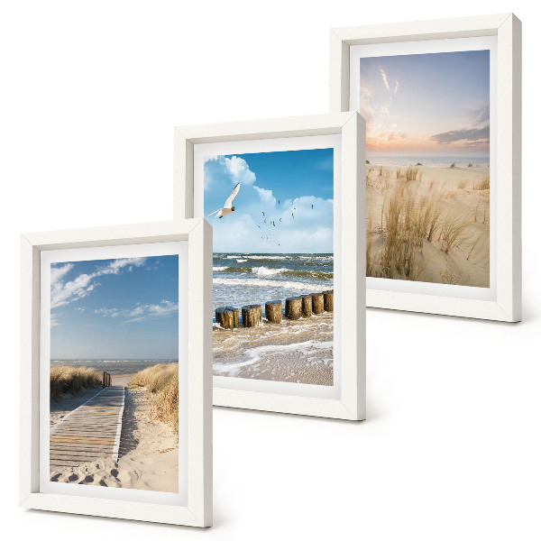 Juego de 3 cuadros decorativos Playa con arena, olas, cielo y pájaros en vuelo.