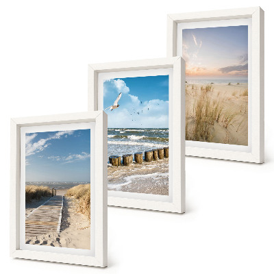 Juego de 3 cuadros decorativos Playa con arena, olas, cielo y pájaros en vuelo.
