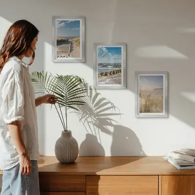 Juego de 3 cuadros decorativos con paisaje de playa, arena, olas, cielo y pájaros en vuelo