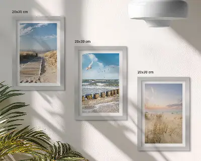 Juego de 3 cuadros decorativos con paisaje de playa, arena, olas, cielo y pájaros en vuelo