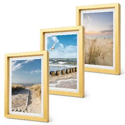 Juego de 3 cuadros decorativos con paisaje de playa, arena, olas, cielo y pájaros en vuelo