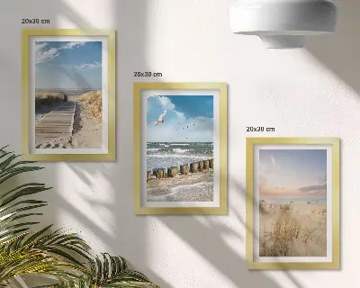 Juego de 3 cuadros decorativos con paisaje de playa, arena, olas, cielo y pájaros en vuelo