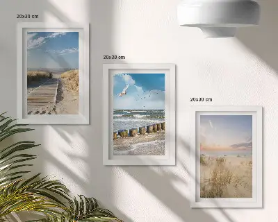 Juego de 3 cuadros decorativos con paisaje de playa, arena, olas, cielo y pájaros en vuelo