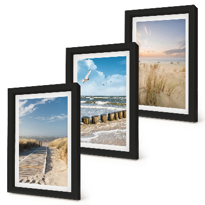 Juego de 3 cuadros decorativos Playa con arena, olas, cielo y pájaros en vuelo.