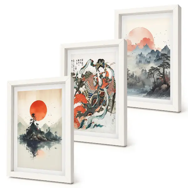 Tríptico enmarcado con pinturas de paisajes asiáticos y retratos al estilo Japandi