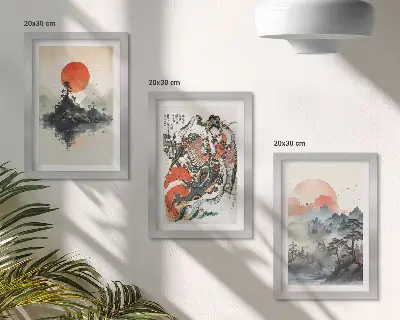 Tríptico enmarcado con pinturas de paisajes asiáticos y retratos al estilo Japandi