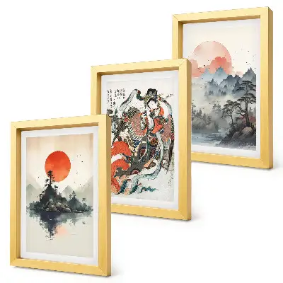 Tríptico enmarcado con pinturas de paisajes asiáticos y retratos al estilo Japandi