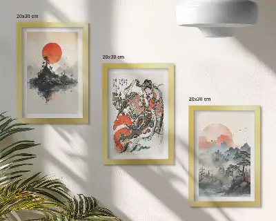 Tríptico enmarcado con pinturas de paisajes asiáticos y retratos al estilo Japandi