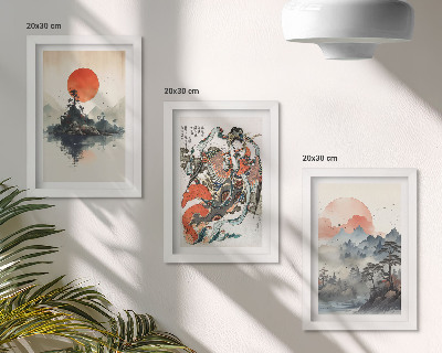 Tríptico enmarcado Pinturas de paisajes asiáticos y retratos al estilo Japandi.