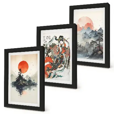 Tríptico enmarcado con pinturas de paisajes asiáticos y retratos al estilo Japandi