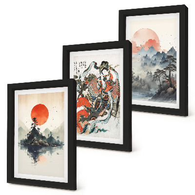 Tríptico enmarcado Pinturas de paisajes asiáticos y retratos al estilo Japandi.