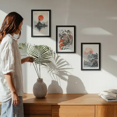 Tríptico enmarcado con pinturas de paisajes asiáticos y retratos al estilo Japandi