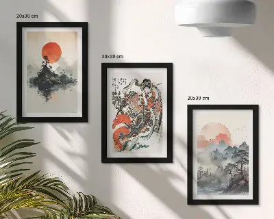 Tríptico enmarcado con pinturas de paisajes asiáticos y retratos al estilo Japandi