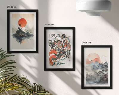 Tríptico enmarcado Pinturas de paisajes asiáticos y retratos al estilo Japandi.