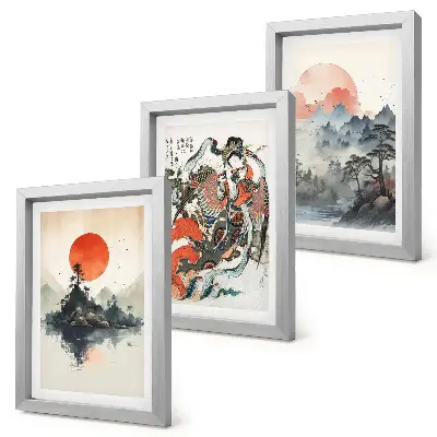 Tríptico enmarcado con pinturas de paisajes asiáticos y retratos al estilo Japandi