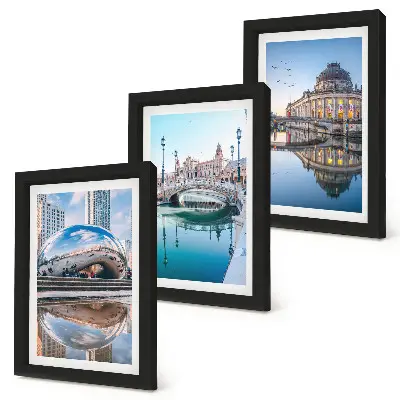 Juego de 3 cuadros decorativos de arquitectura urbana reflejada en el agua