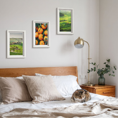 Tríptico enmarcado Paisaje rural italiano con naranjas y naturaleza.