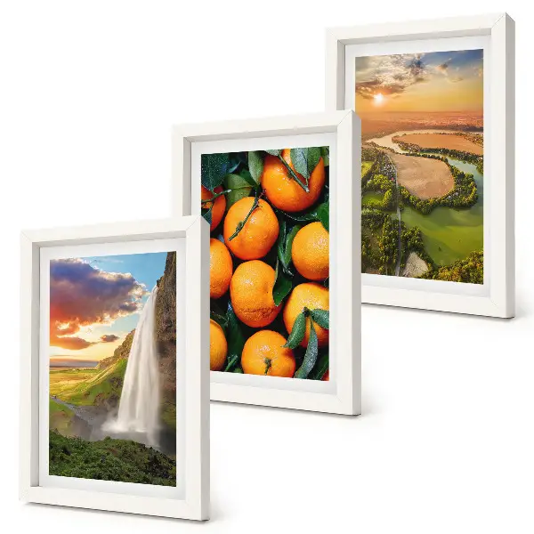 Juego de 3 cuadros decorativos con paisaje italiano de cascada, montaña y atardecer con naranjas