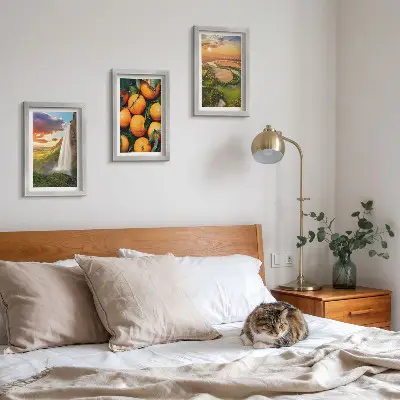 Juego de 3 cuadros decorativos con paisaje italiano de cascada, montaña y atardecer con naranjas
