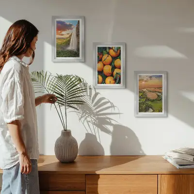 Juego de 3 cuadros decorativos con paisaje italiano de cascada, montaña y atardecer con naranjas