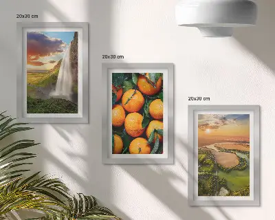 Juego de 3 cuadros decorativos con paisaje italiano de cascada, montaña y atardecer con naranjas
