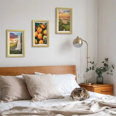 Juego de 3 cuadros decorativos con paisaje italiano de cascada, montaña y atardecer con naranjas