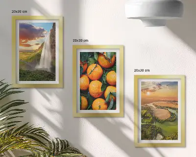 Juego de 3 cuadros decorativos con paisaje italiano de cascada, montaña y atardecer con naranjas