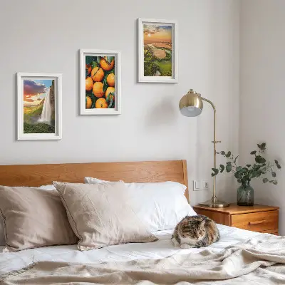 Juego de 3 cuadros decorativos con paisaje italiano de cascada, montaña y atardecer con naranjas