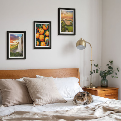 Juego de 3 cuadros decorativos Cascada, montaña, naranjas, paisaje italiano con puesta de sol.