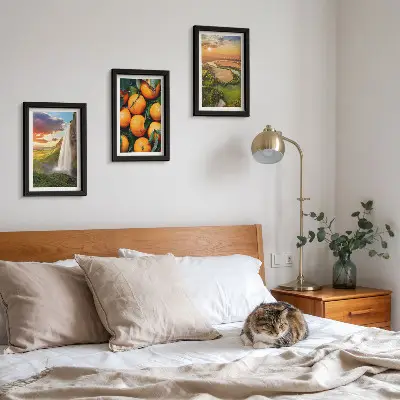 Juego de 3 cuadros decorativos con paisaje italiano de cascada, montaña y atardecer con naranjas
