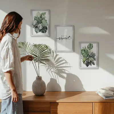 Juego de 3 cuadros decorativos con diseño de plantas verdes y frase Dulce Hogar