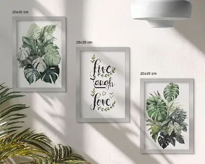 Tríptico enmarcado plantas de hojas verdes con las frases vive ríe ama