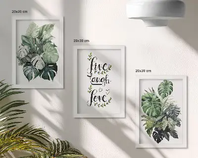 Tríptico enmarcado plantas de hojas verdes con las frases vive ríe ama