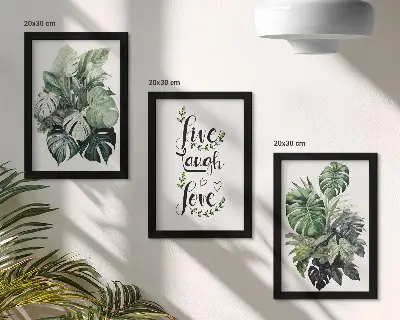 Tríptico enmarcado plantas de hojas verdes con las frases vive ríe ama