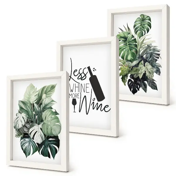 Juego de 3 cuadros decorativos con diseño de hojas de plantas en tonos verdes y frase sobre el vino
