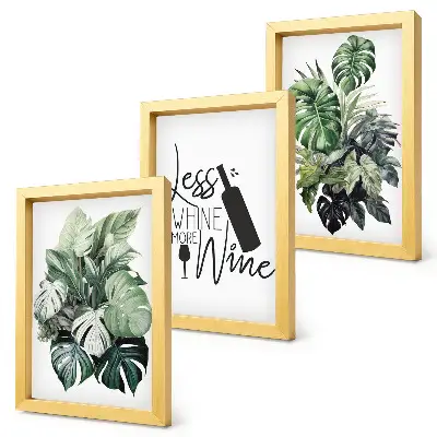 Juego de 3 cuadros decorativos con diseño de hojas de plantas en tonos verdes y frase sobre el vino
