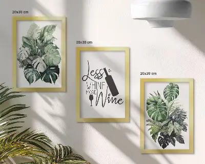 Juego de 3 cuadros decorativos con diseño de hojas de plantas en tonos verdes y frase sobre el vino