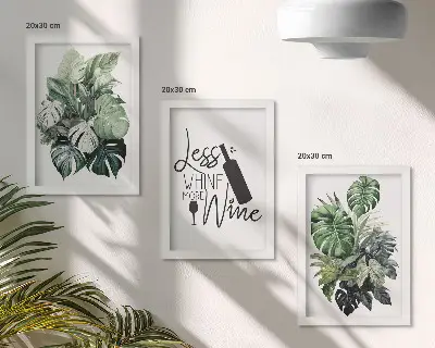 Juego de 3 cuadros decorativos con diseño de hojas de plantas en tonos verdes y frase sobre el vino