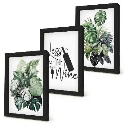 Juego de 3 cuadros decorativos con diseño de hojas de plantas en tonos verdes y frase sobre el vino