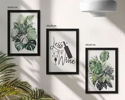Juego de 3 cuadros decorativos con diseño de hojas de plantas en tonos verdes y frase sobre el vino