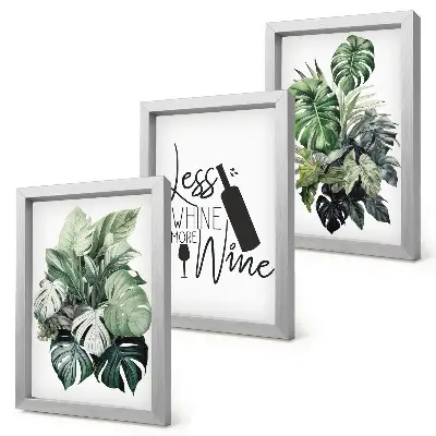 Juego de 3 cuadros decorativos con diseño de hojas de plantas en tonos verdes y frase sobre el vino