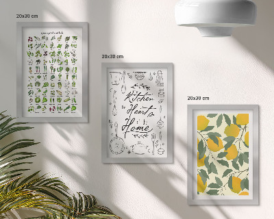 Tríptico enmarcado Lista de hierbas, cartel de cocina y limones pintados.