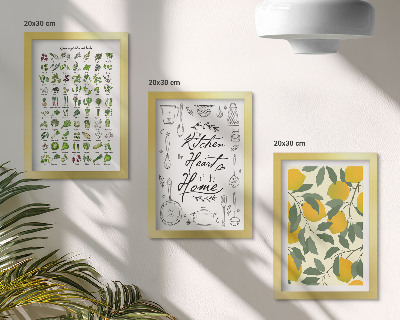 Tríptico enmarcado Lista de hierbas, cartel de cocina y limones pintados.