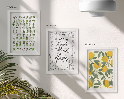 Tríptico enmarcado Lista de hierbas, cartel de cocina y limones pintados.