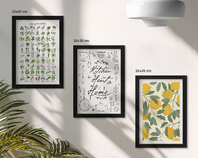 Tríptico enmarcado Lista de hierbas, cartel de cocina y limones pintados.