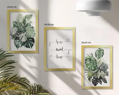 Tríptico enmarcado hojas de monstera en acuarela bajo el concepto hogar dulce hogar