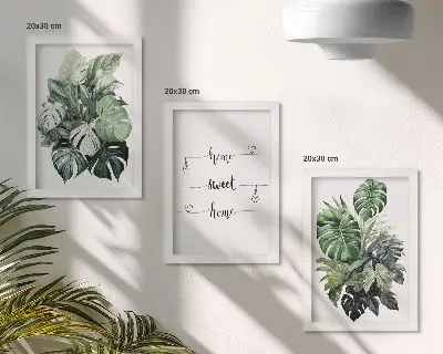Tríptico enmarcado hojas de monstera en acuarela bajo el concepto hogar dulce hogar