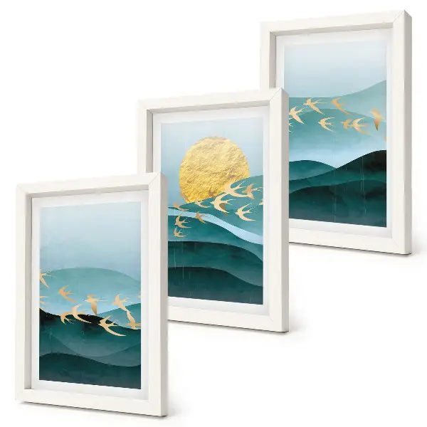 Juego de 3 cuadros decorativos con diseño de paisajes abstractos de olas solares y pájaros en vuelo