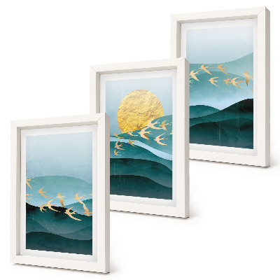 Juego de 3 cuadros decorativos Paisajes abstractos de olas solares y pájaros en vuelo