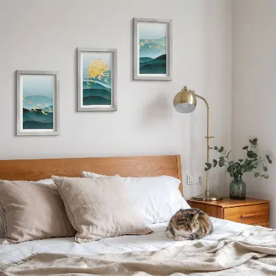 Juego de 3 cuadros decorativos con diseño de paisajes abstractos de olas solares y pájaros en vuelo